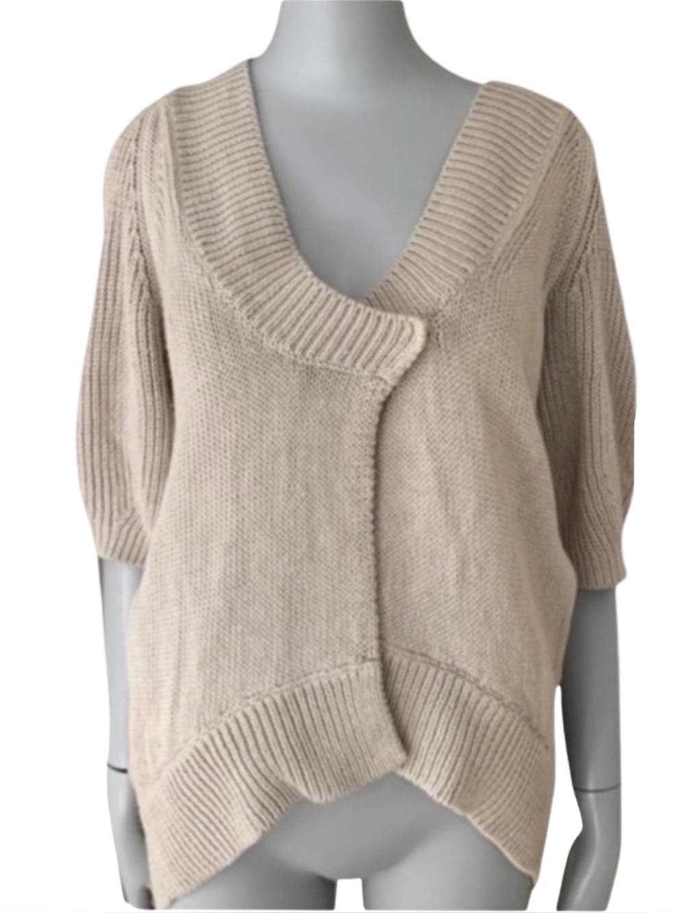 THEORY Cardigan Sweater Linen Cotton High Low Hem Beige 3/4 Sleeves V-Neck